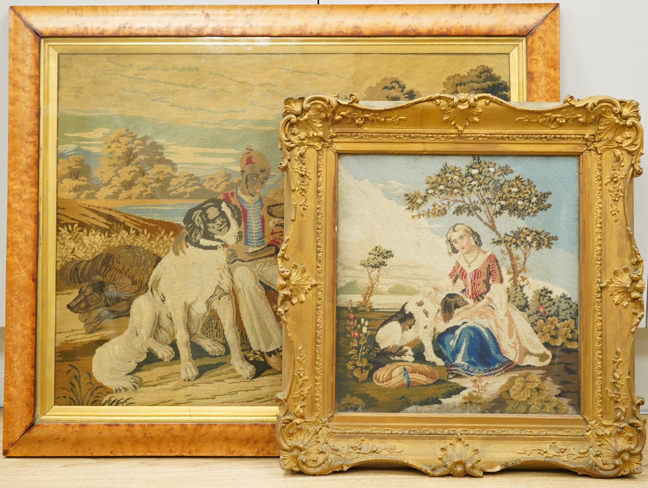 Two Victorian Berlin woolwork tapestry panels, figures seated beside dogs, framed, largest 49 x 65cm